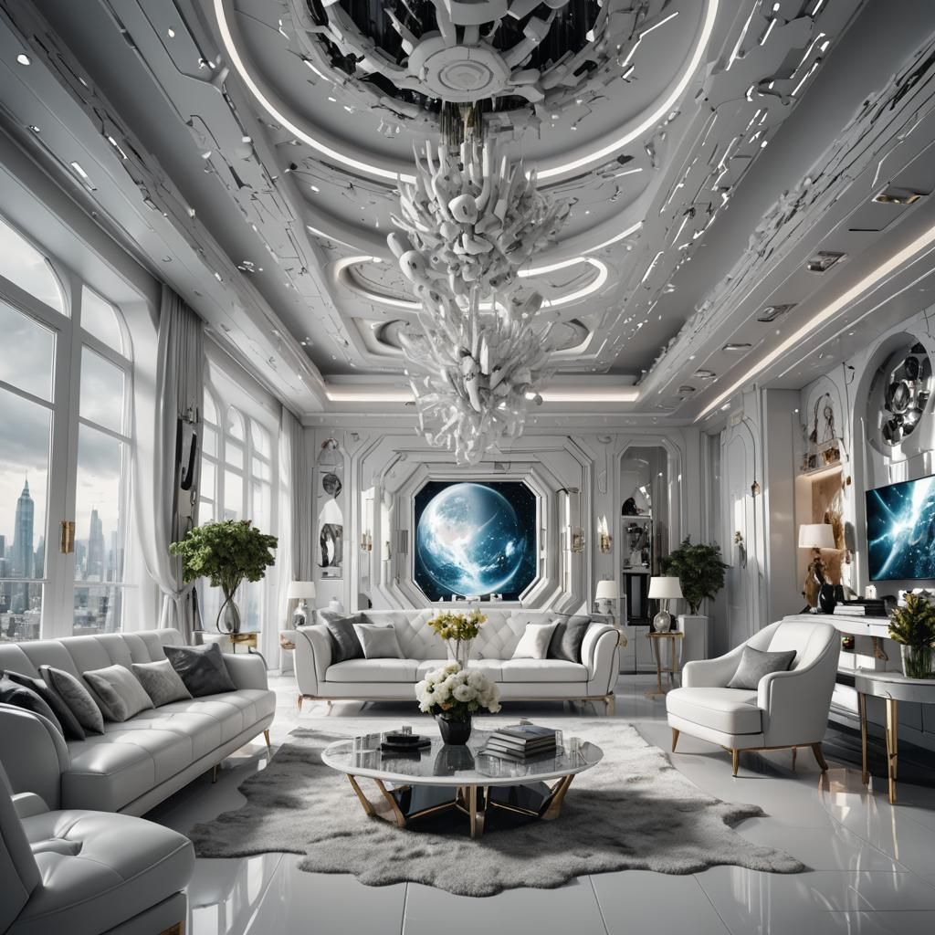 Futuristic White Living Room in 3D