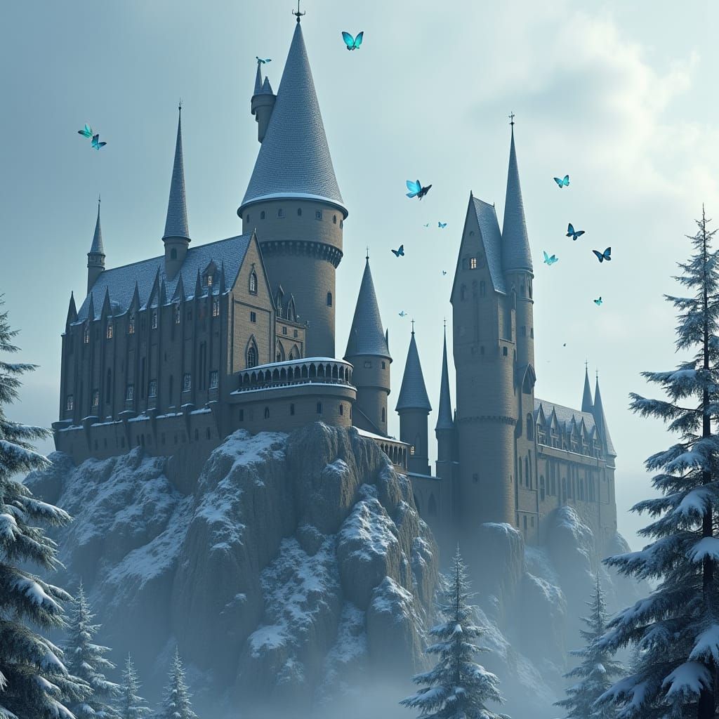 Snowy Hogwarts Castle with Dragon and Butterflies