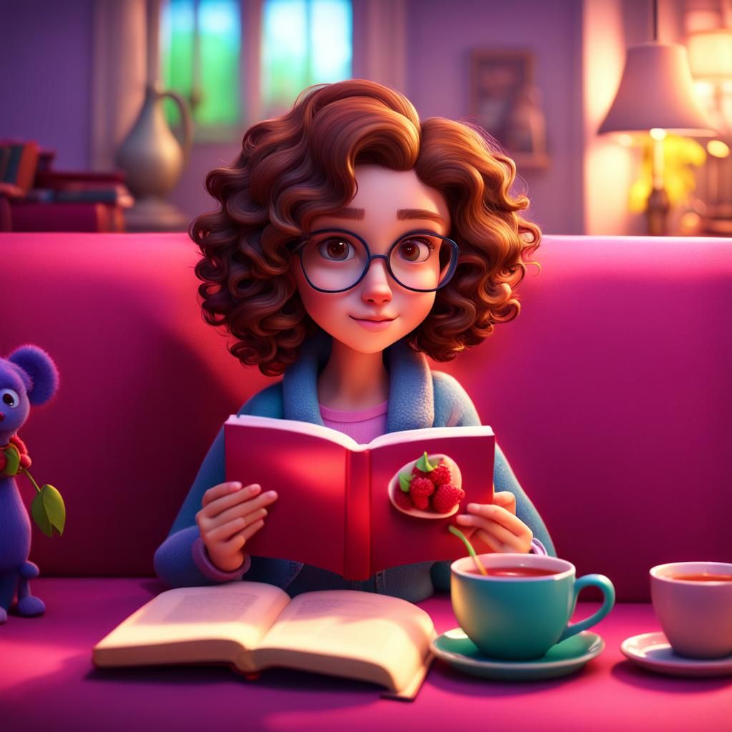Girl Reading with Raspberry Tea, 3D Digital Art