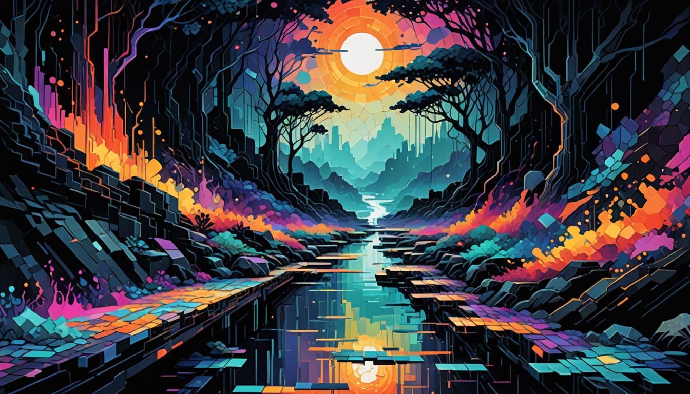 Ethereal Sunrise Tapestry in Cyberpunk Pixel Art