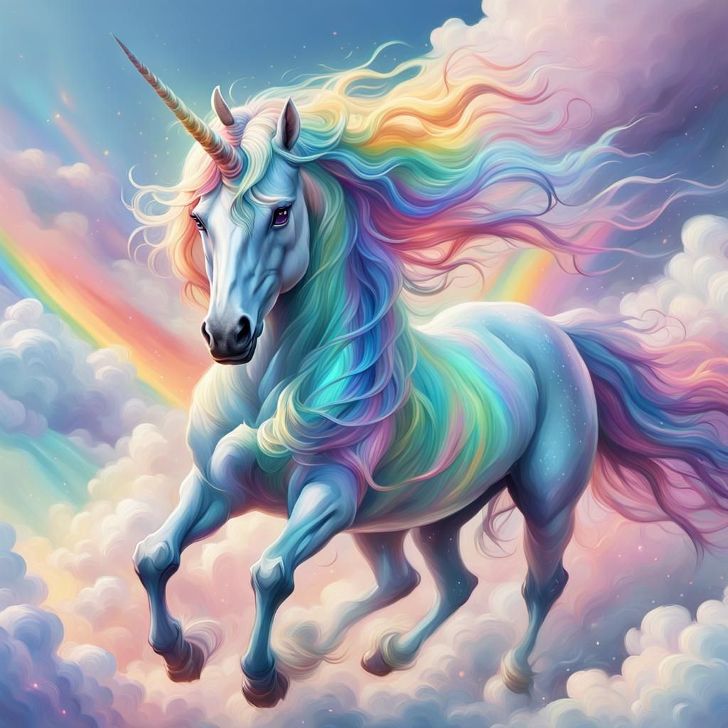 Unicorn Galloping Through Rainbow in Fantasy Art Style