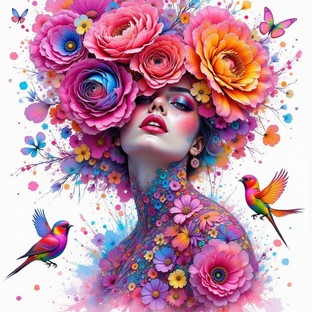 Floral Woman with Birds in Alcohol Ink Style