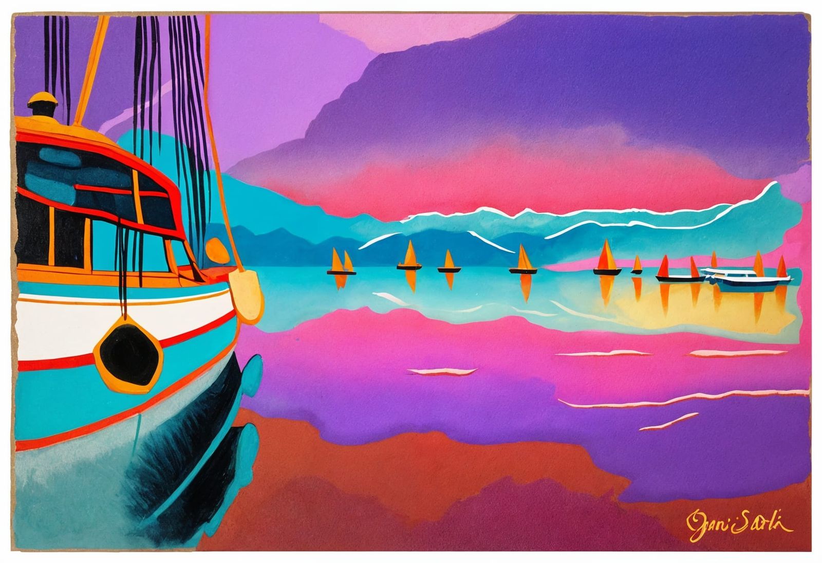 Turquoise Ocean, Lavender and Pink Skies, Crimson Mountain R...