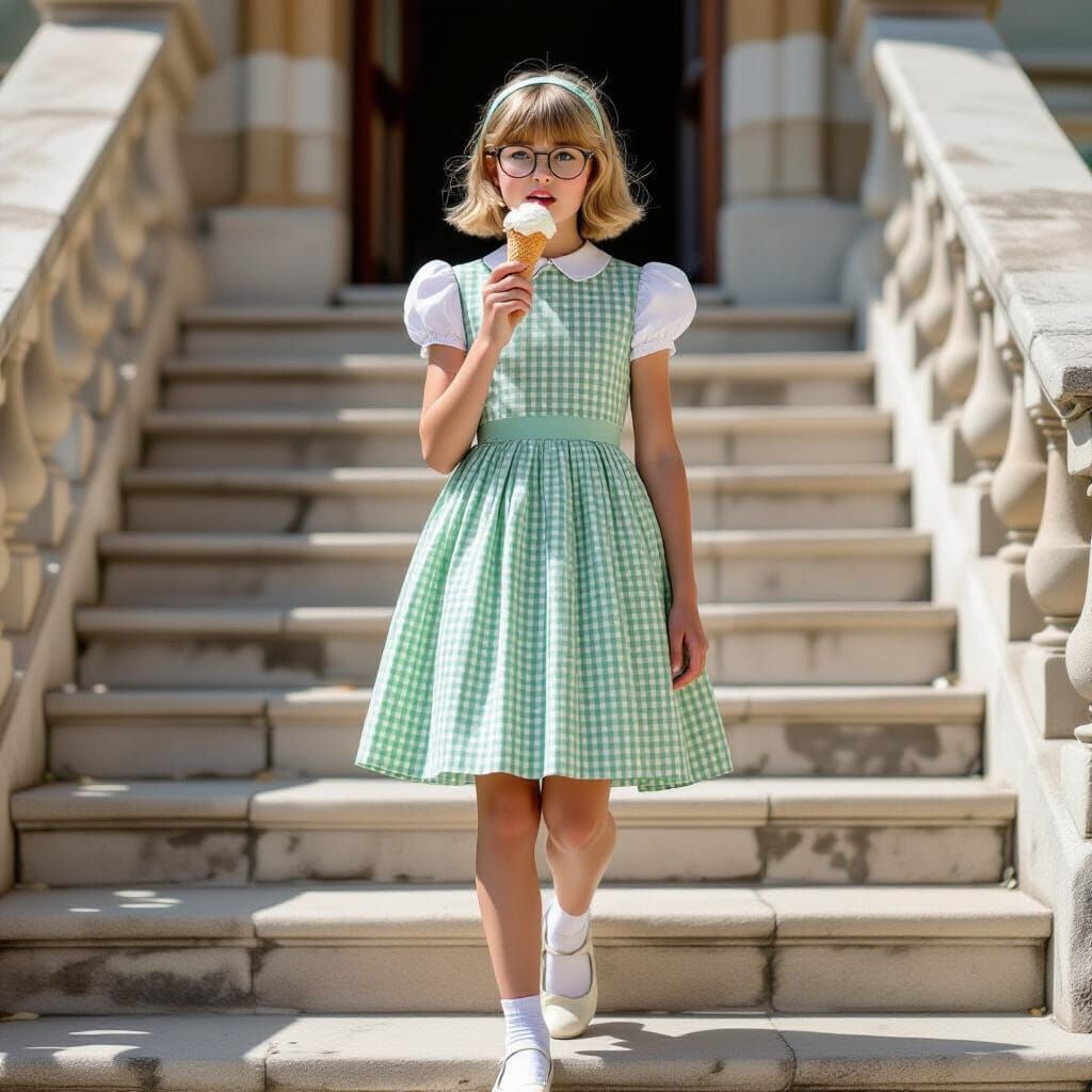 Blond Girl Walks Up Stone Steps in Art Nouveau Style