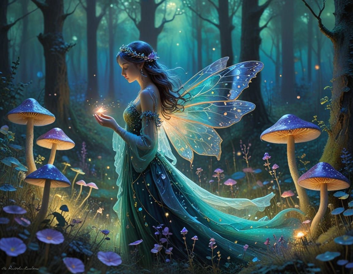 Delicate Fairy in Soft Pastel Hues, Amidst Glowing Mushrooms...