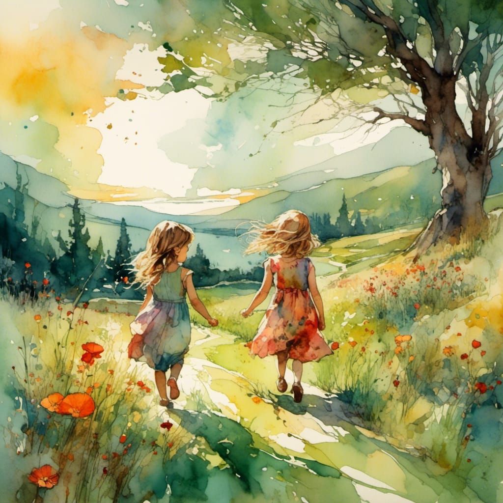 Children Playing in Sunny Park, Watercolor Storybook Style