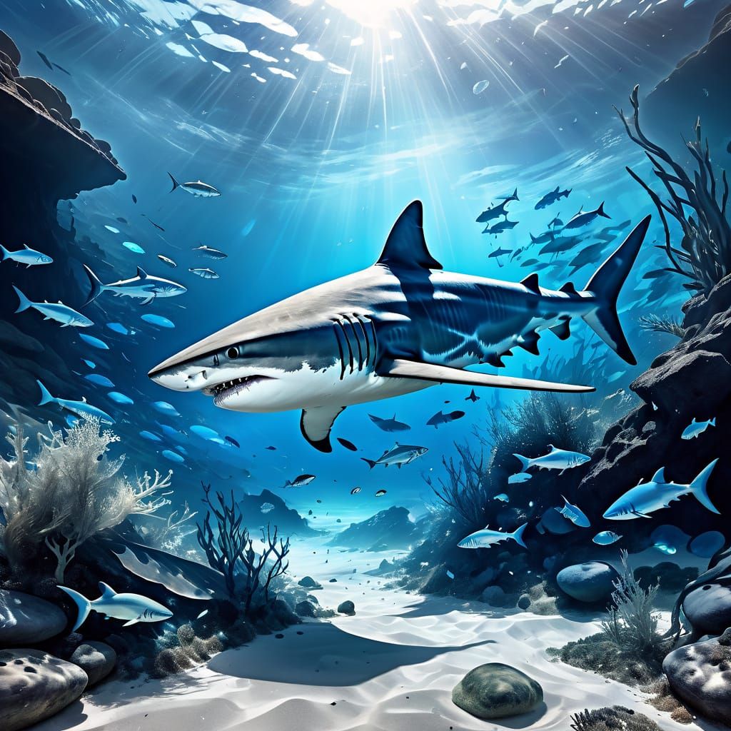 Menacing Shark Double Exposure in Murky Blue Sea