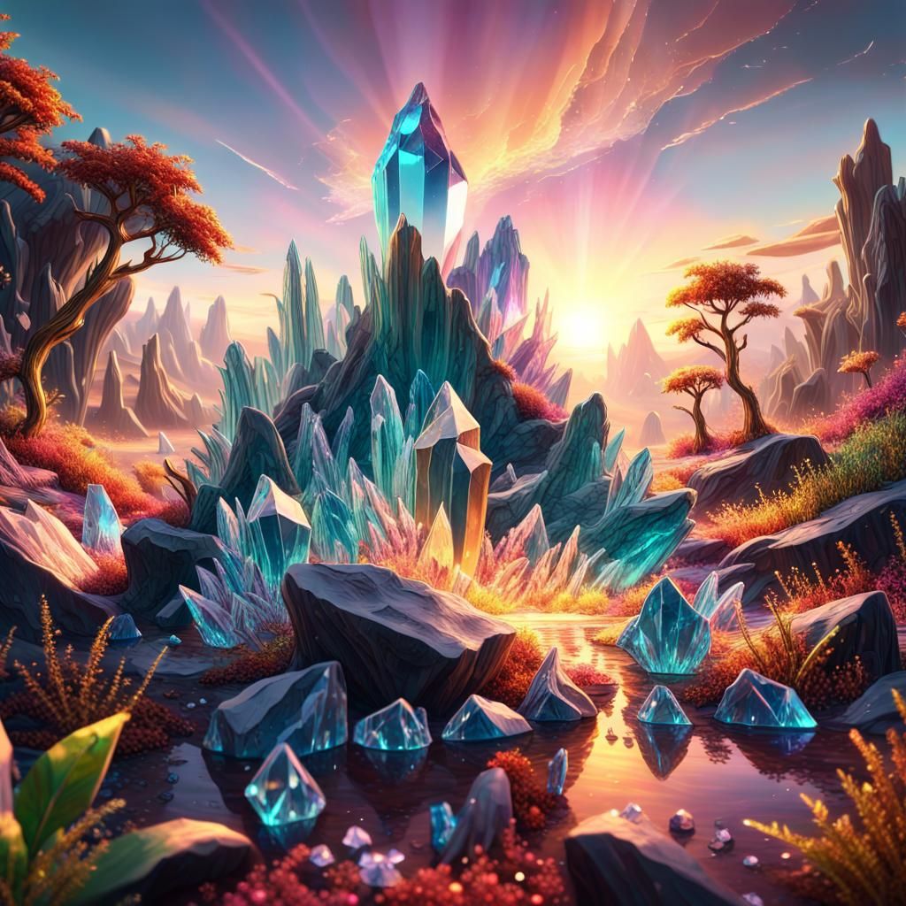Epic Crystal Wonders in a Vibrant, Hyper-Realistic Landscape