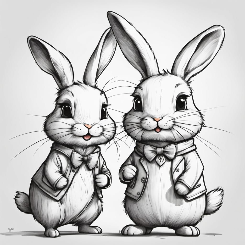 Playful Bunny Couple Enjoying a Carrot in Whimsical Cartoon ...