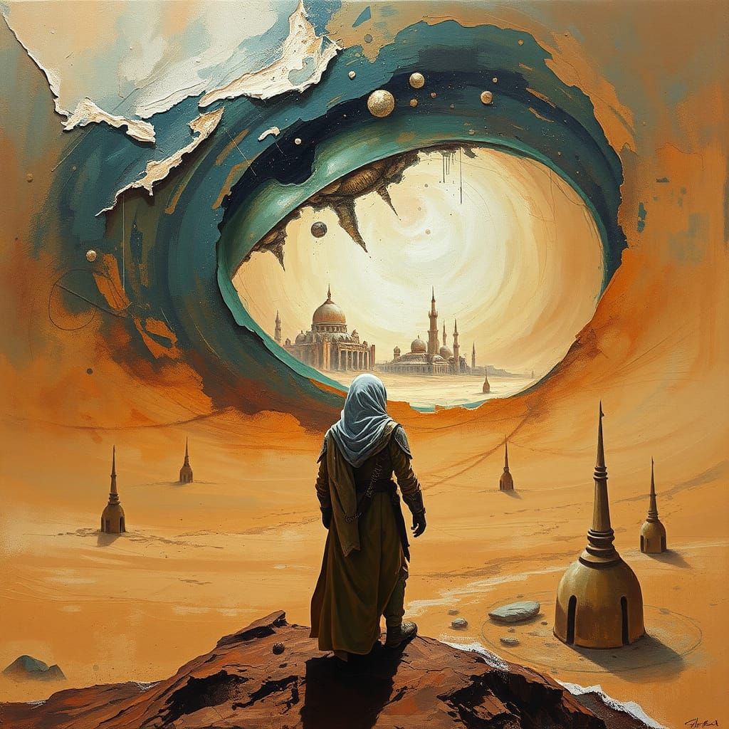 Fremen Warrior Gazing at Desert City in Watercolor