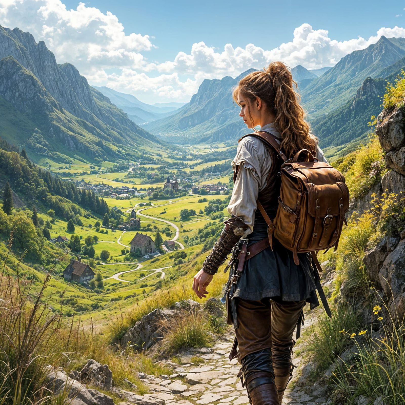 Enchanting Medieval Rogue Ascends a Verdant Valley