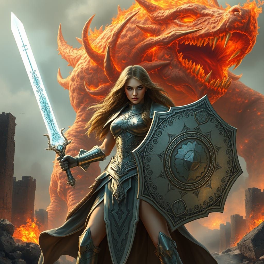 Woman Warrior vs Burning Monster in Epic Fantasy Style