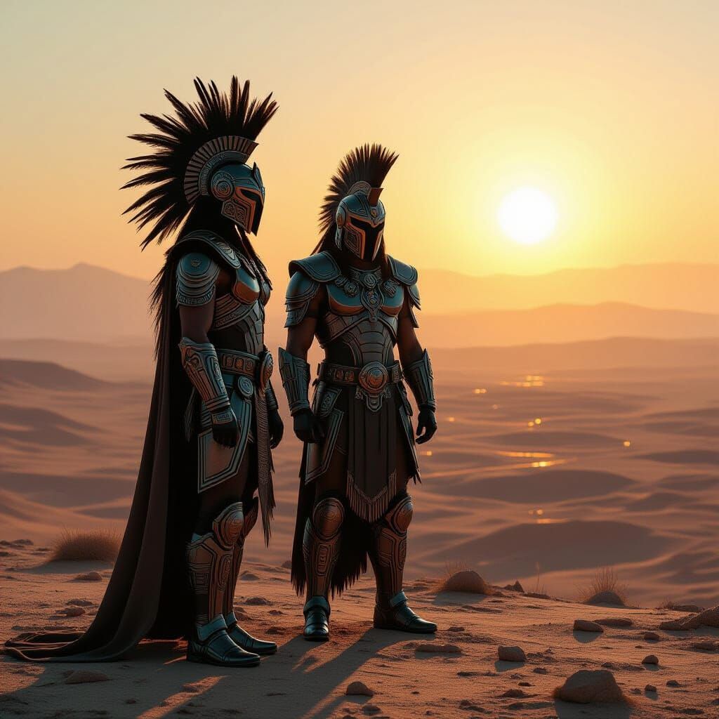 Aztec Warrior on Binary Sunset Plateau in Concept Art Style