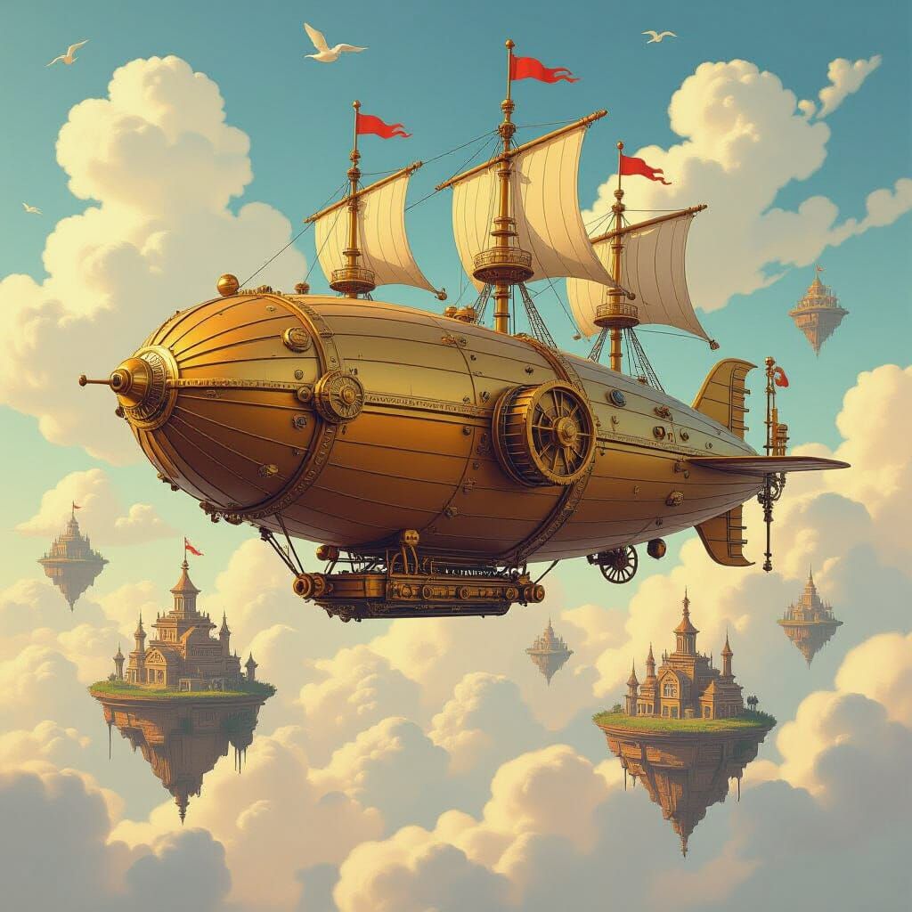 Steampunk Airship Over Clockwork Islands