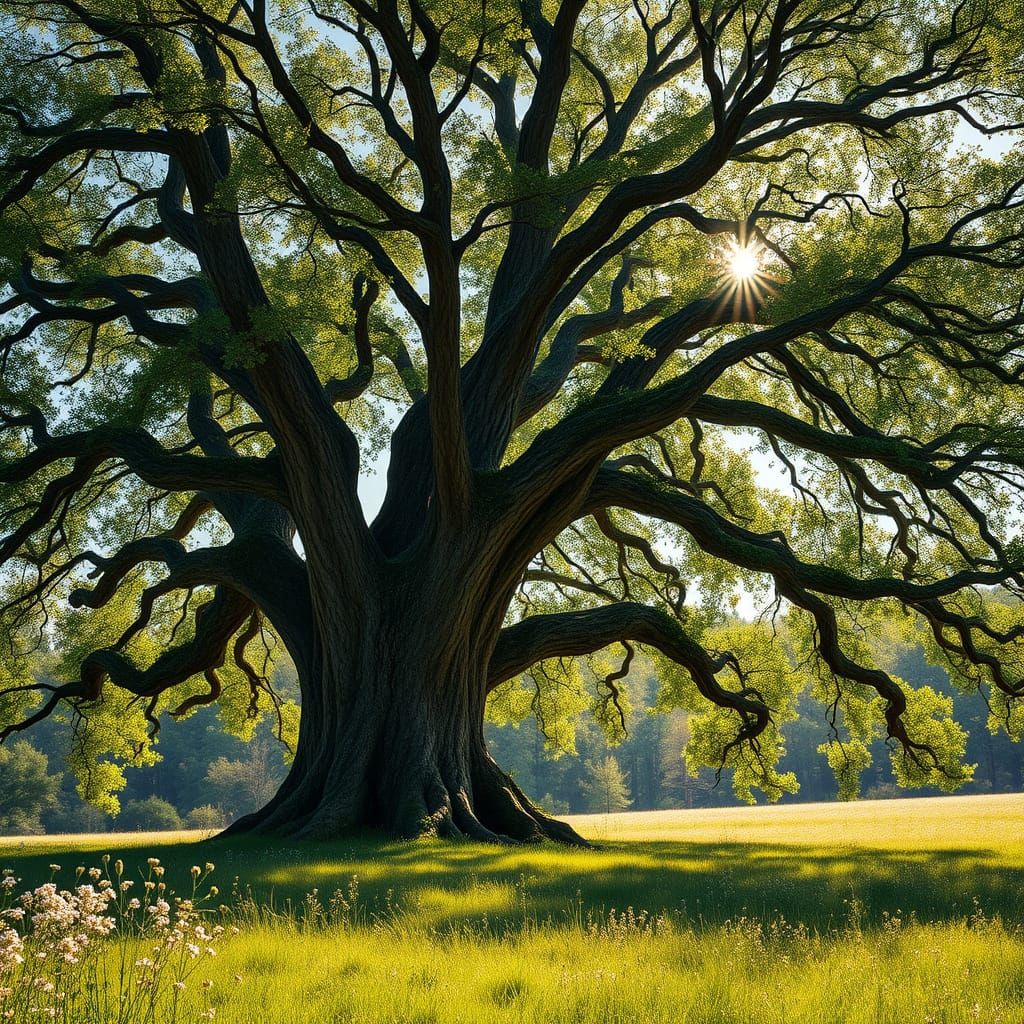 Majestic Oak Tree in Sunlit Meadow