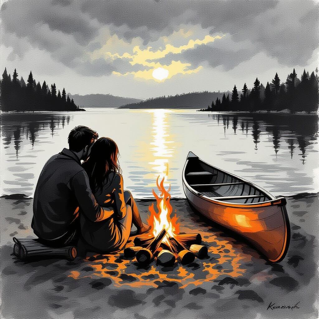 Couple by Campfire on Lakeside Beach with Canoe