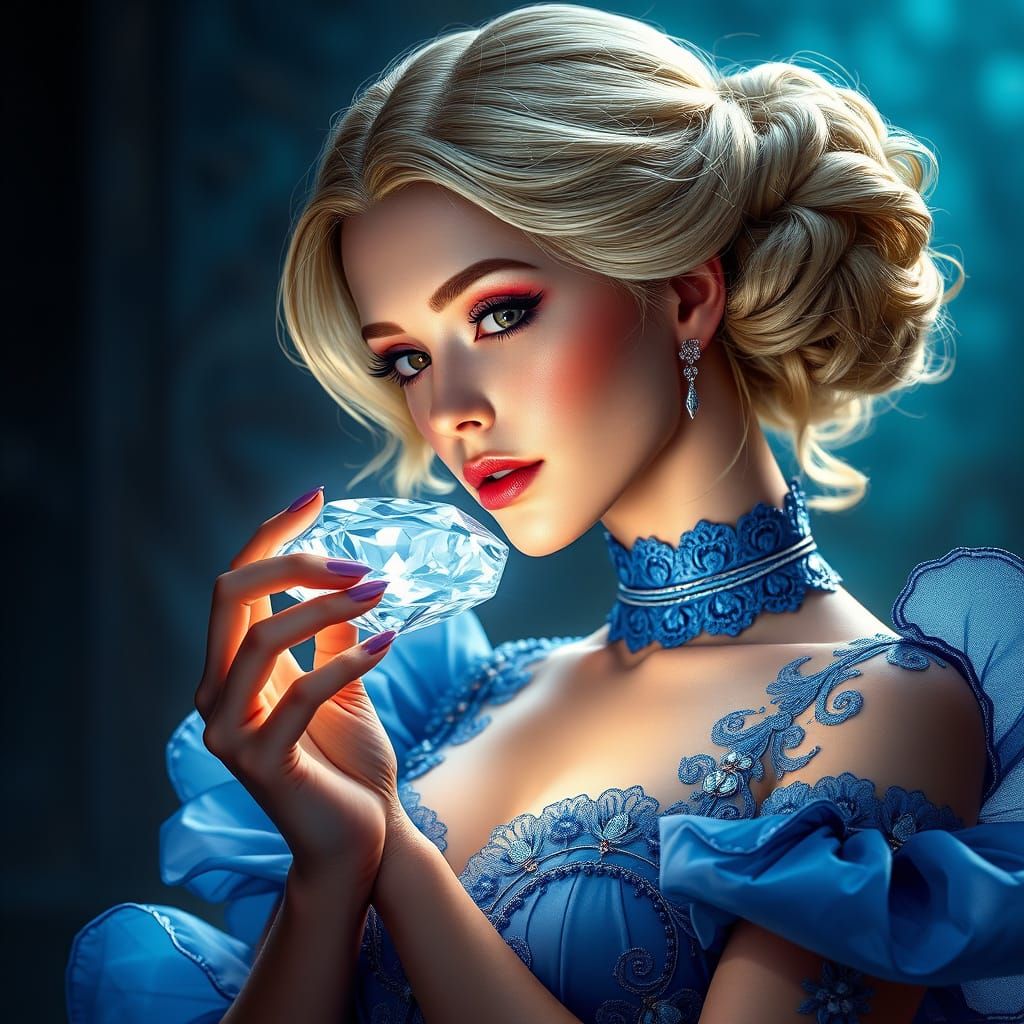 Elegant Blonde Goddess in Majestic Blue Gown