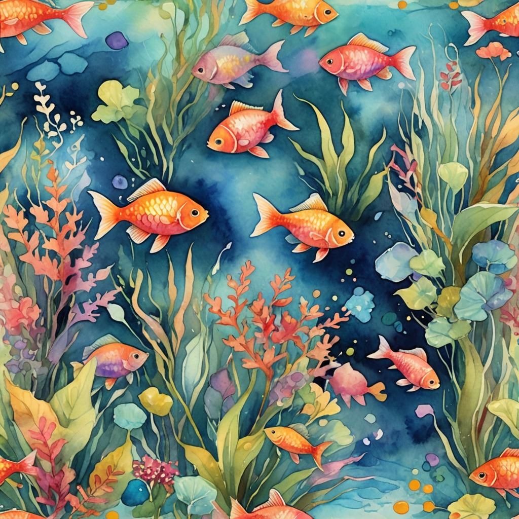 Rainbow Fish in Pond: Abstract Watercolor Art