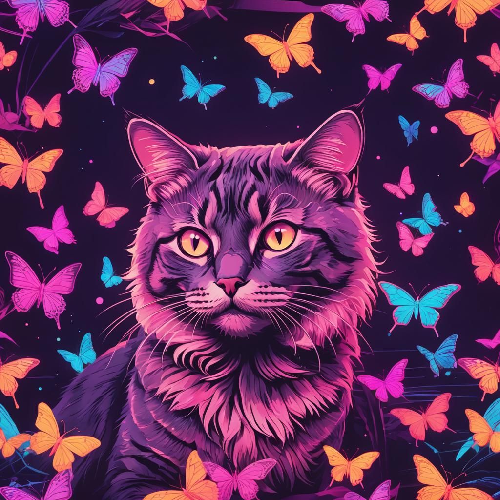Synthwave Cat and Butterfly Neon Art