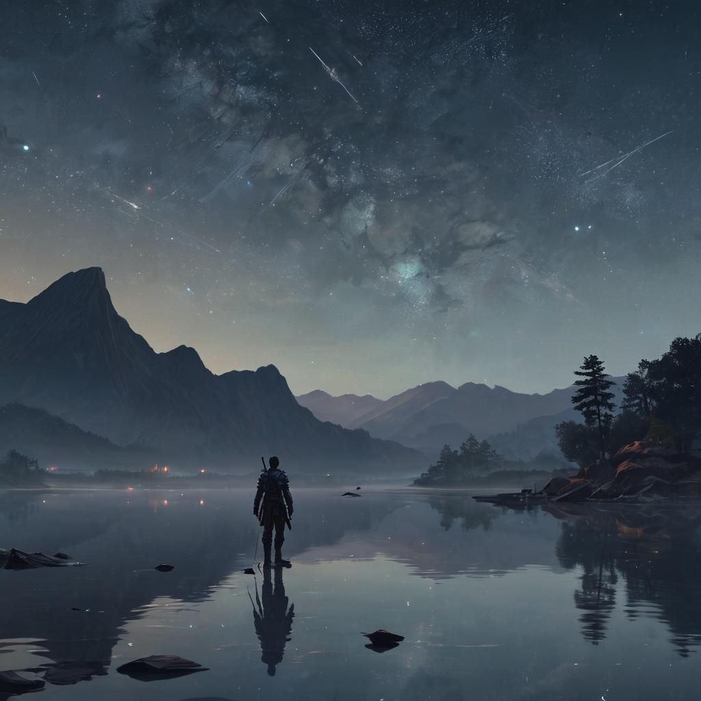 Lone Warrior Under Starry Sky, Anime-Inspired 3D Art