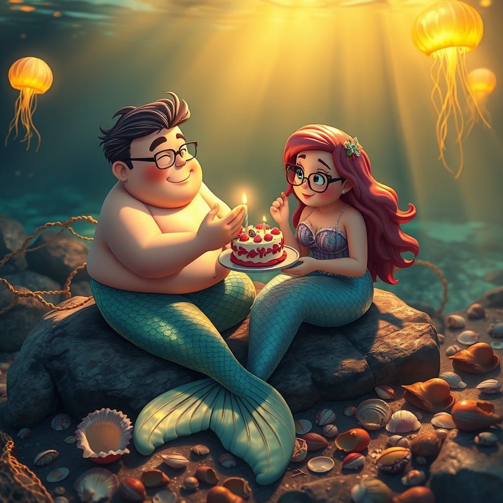 Enchanting Merman and Mermaid Picnic Scene in Vibrant Aquati...