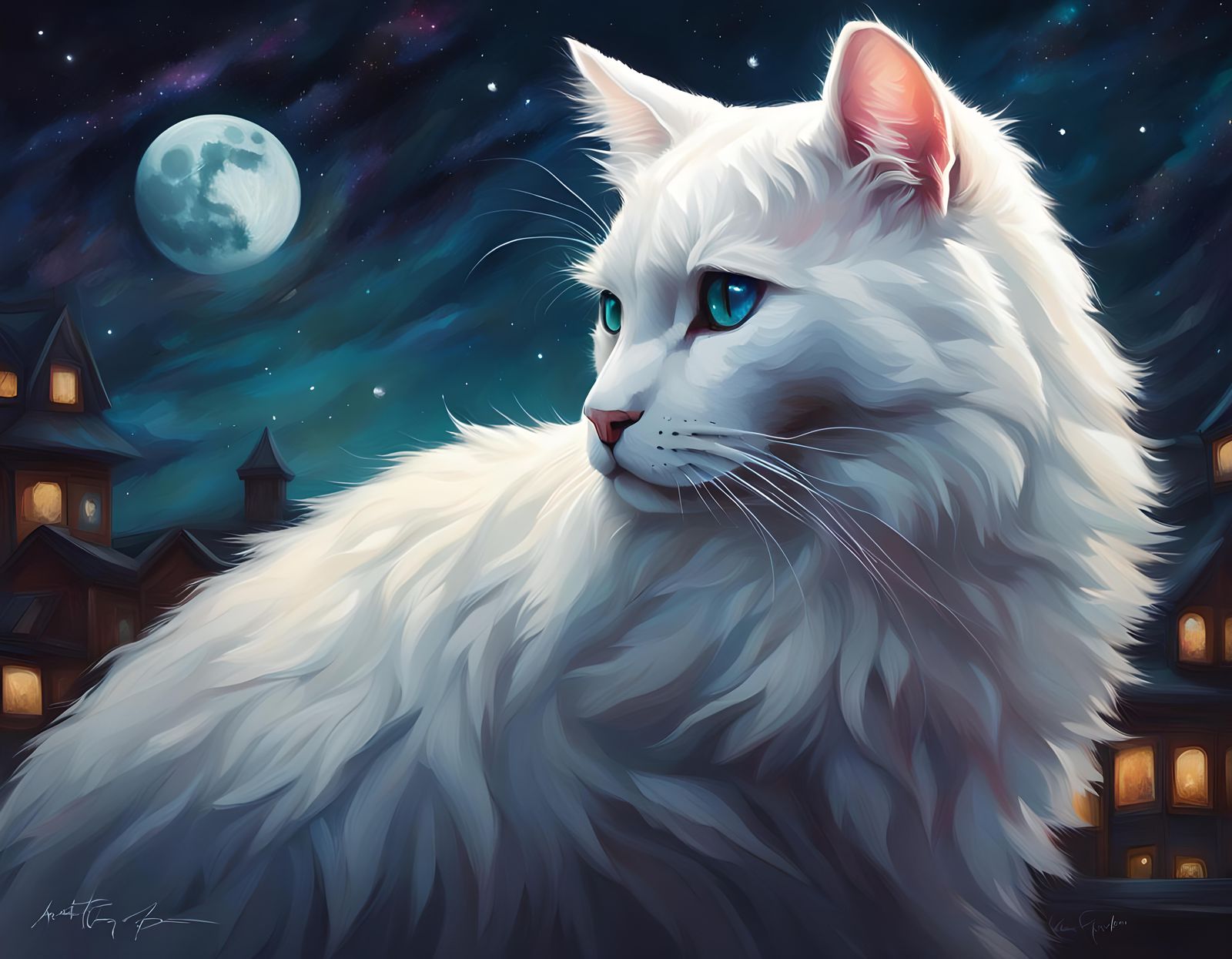 White Cat Gazing at Moonlit Night Sky