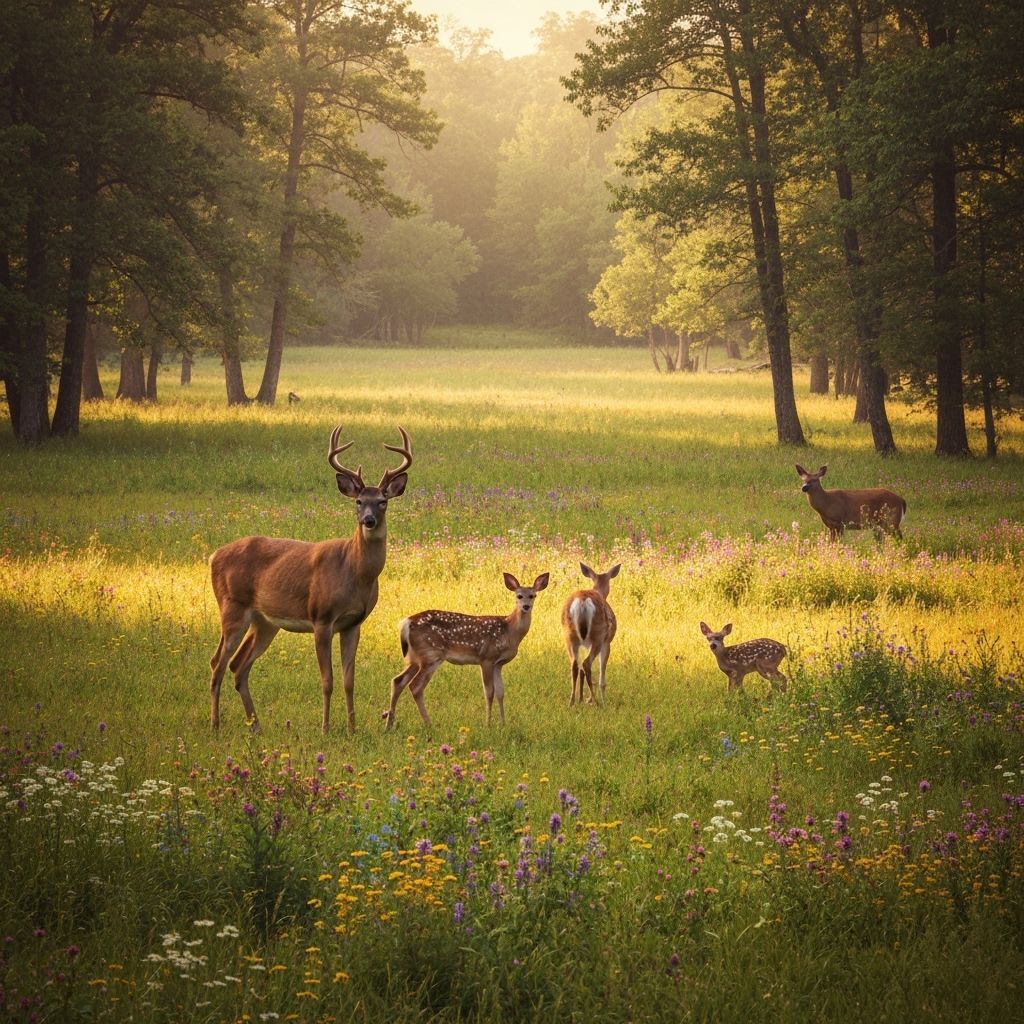 Irish Elk Family Grazing in Golden Meadow Light