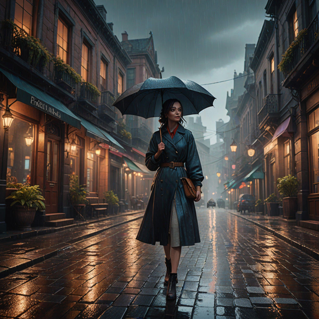 Whimsical Fantasy Scene with a Young Girl in Gentle Rainfall