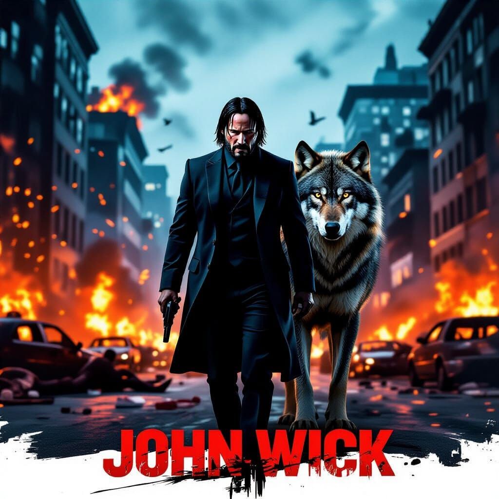 John Wick Movie Poster with Wolf in Chaotic Cityscape