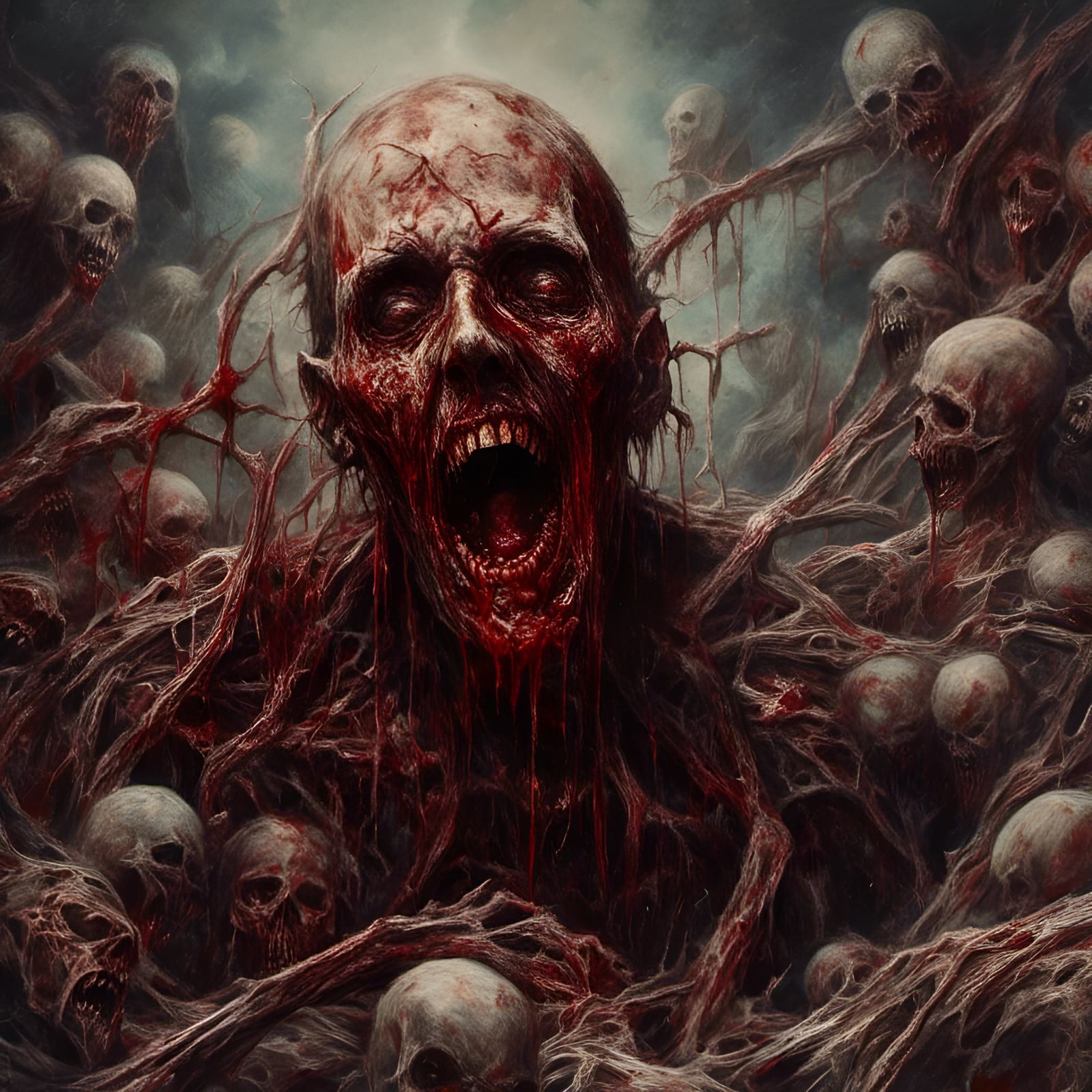 <lora:Macabre:1.0>  screaming bloody rotting zombie head emerging from bloody intestines, deep colors