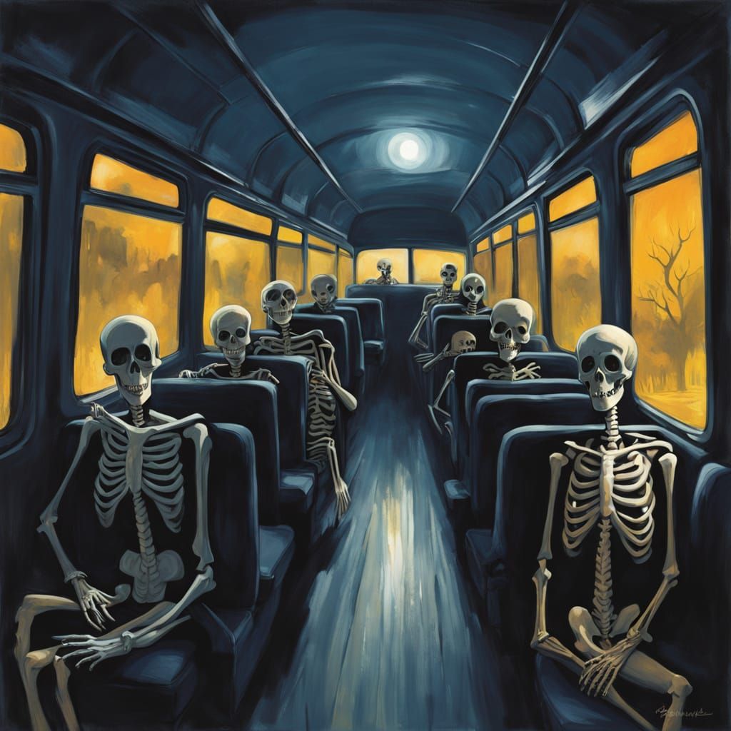 Ethereal Night Bus Ride Through a Haunting Misty Landscape