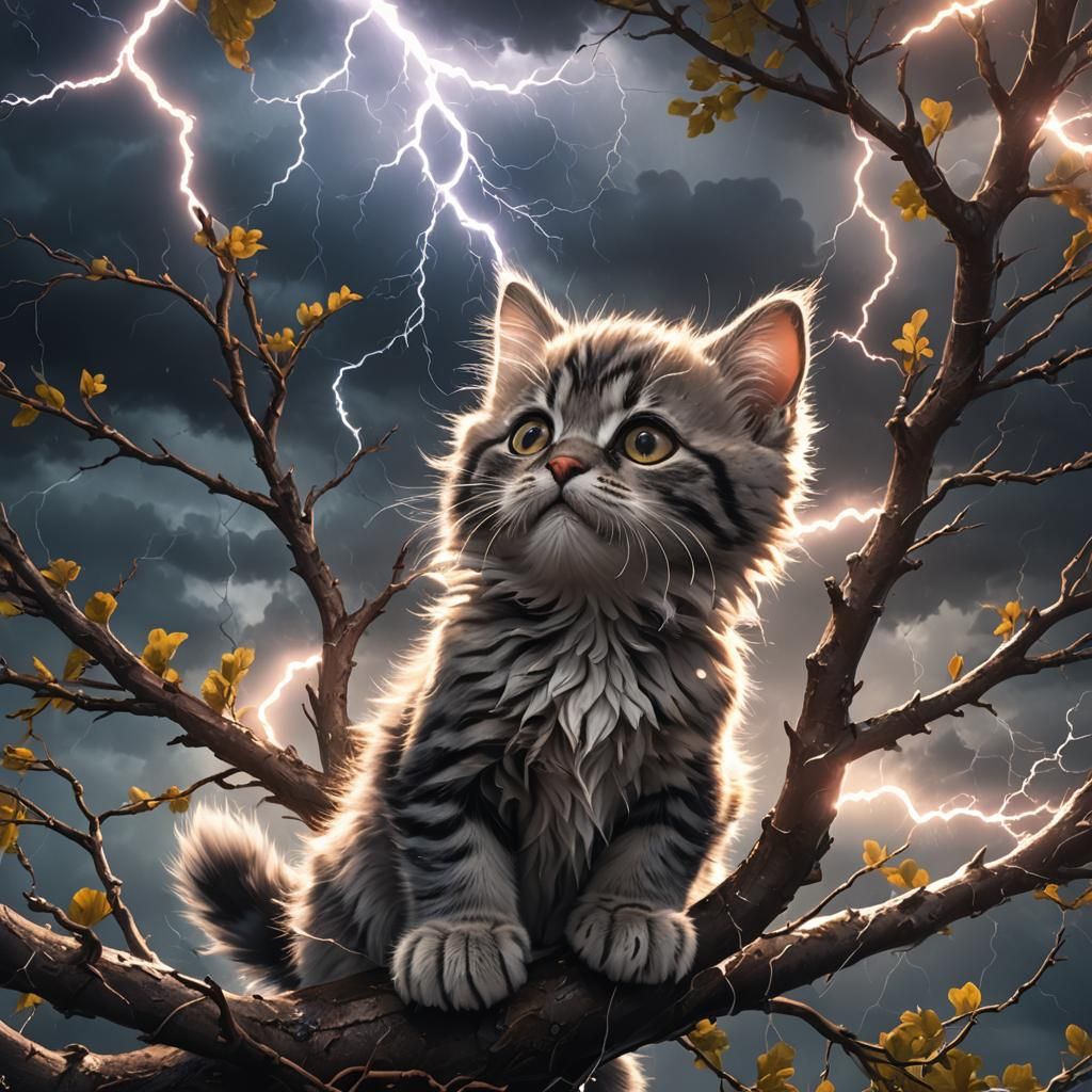 Kitten in Lightning Storm: Vibrant 3D Anime Art
