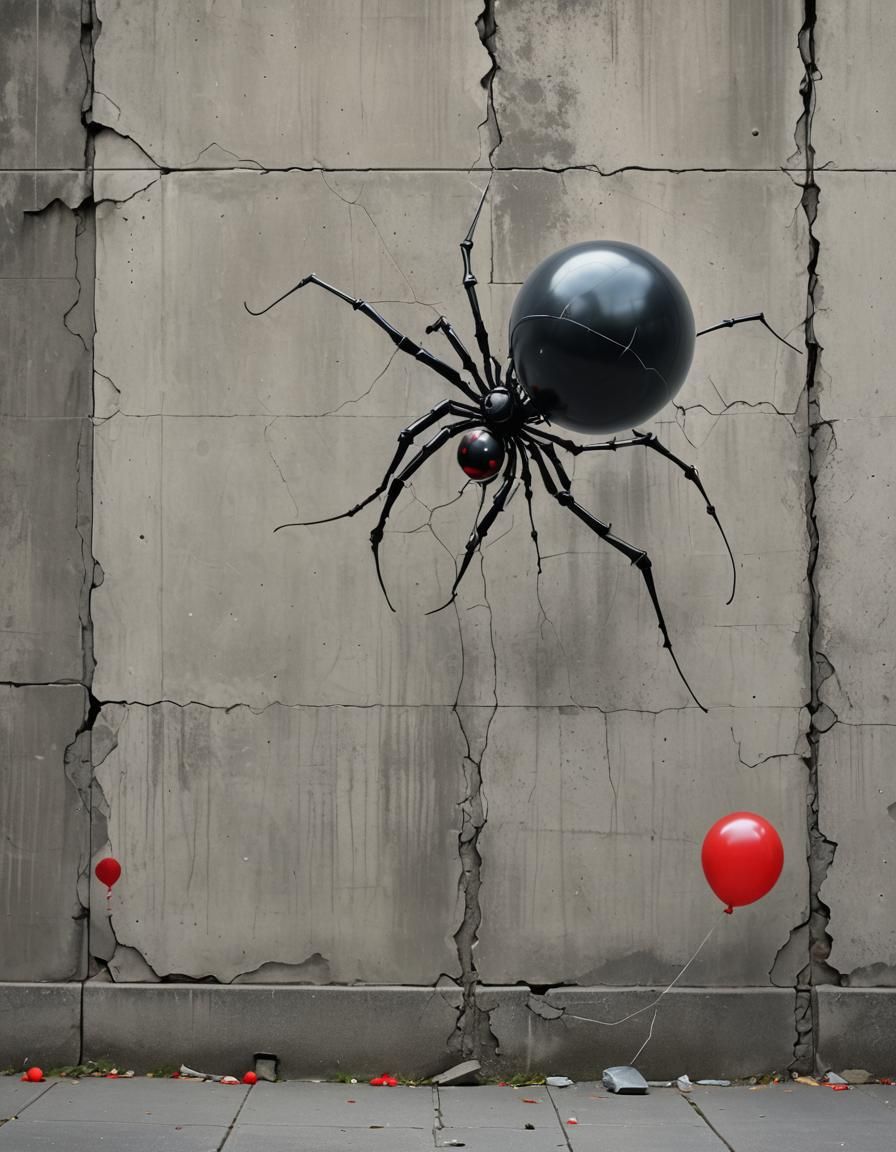 Monochrome Mecha-Spider Wall Art with Red Balloon