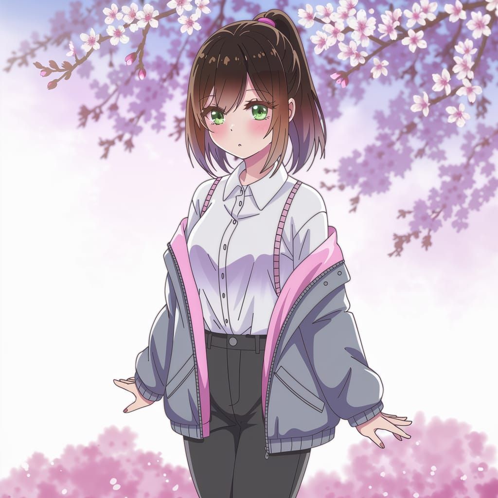 Girl with Green Eyes in Manga Style with Cherry Blossoms