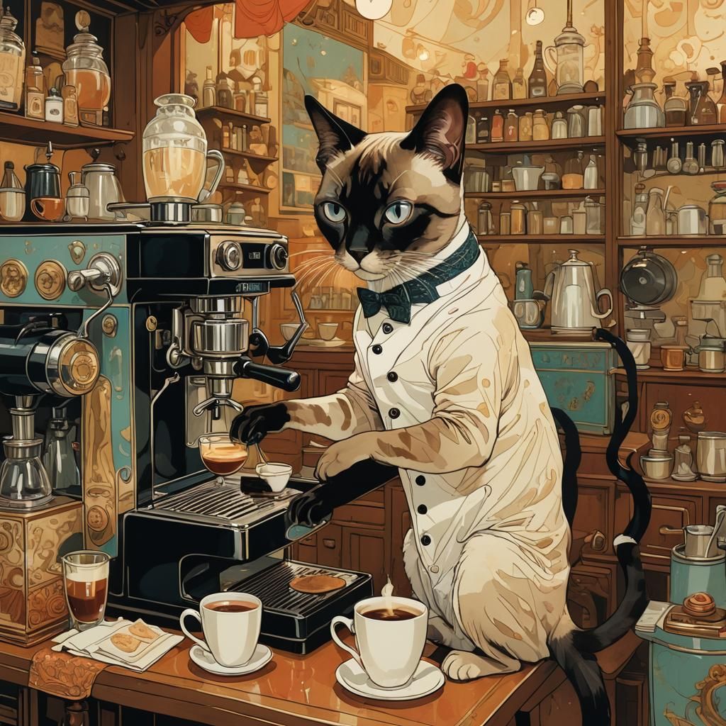 Siamese Cat Barista in Parisian Cafe, Illustrative Style