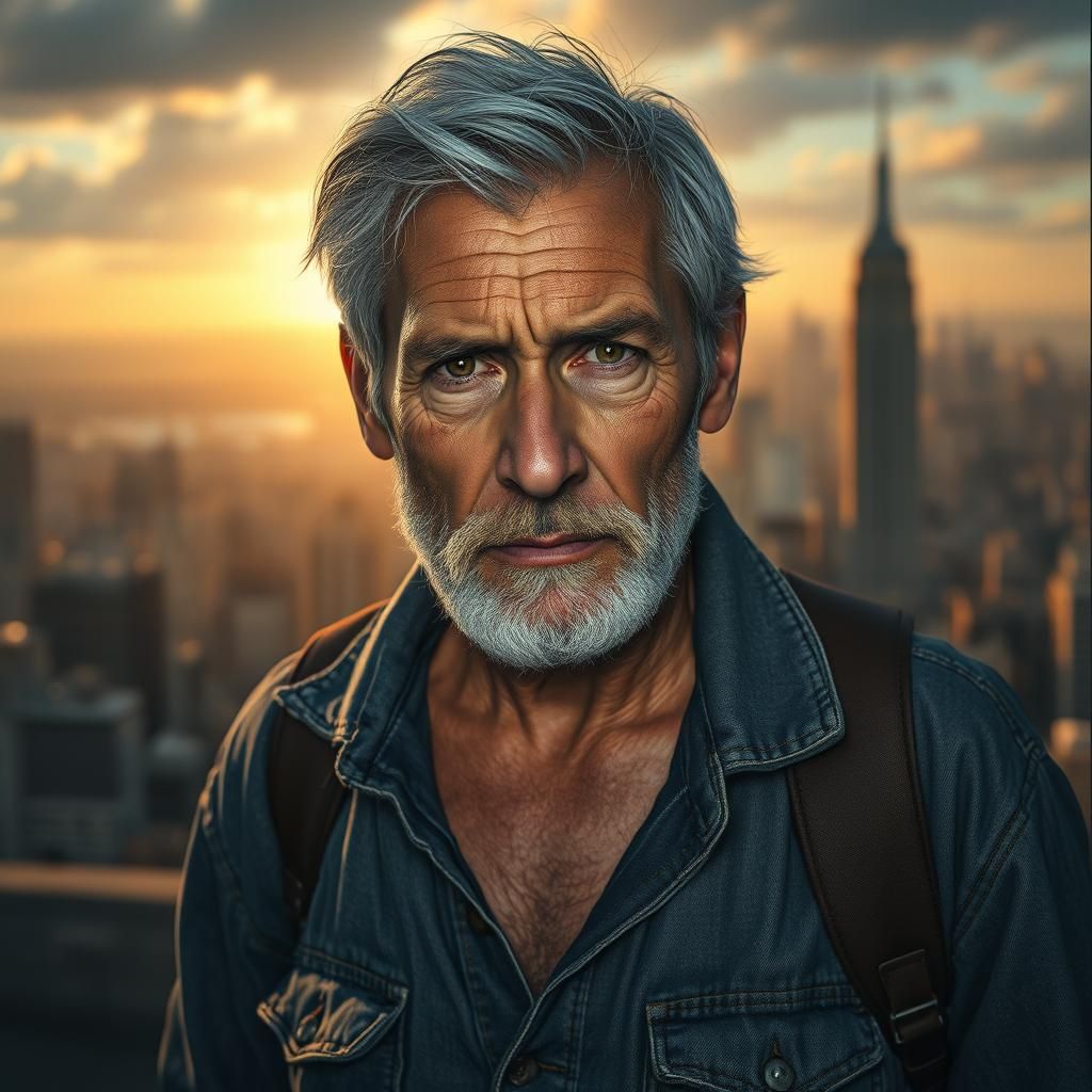 Mature Man Walks Through Cityscape: Photorealistic Portrait