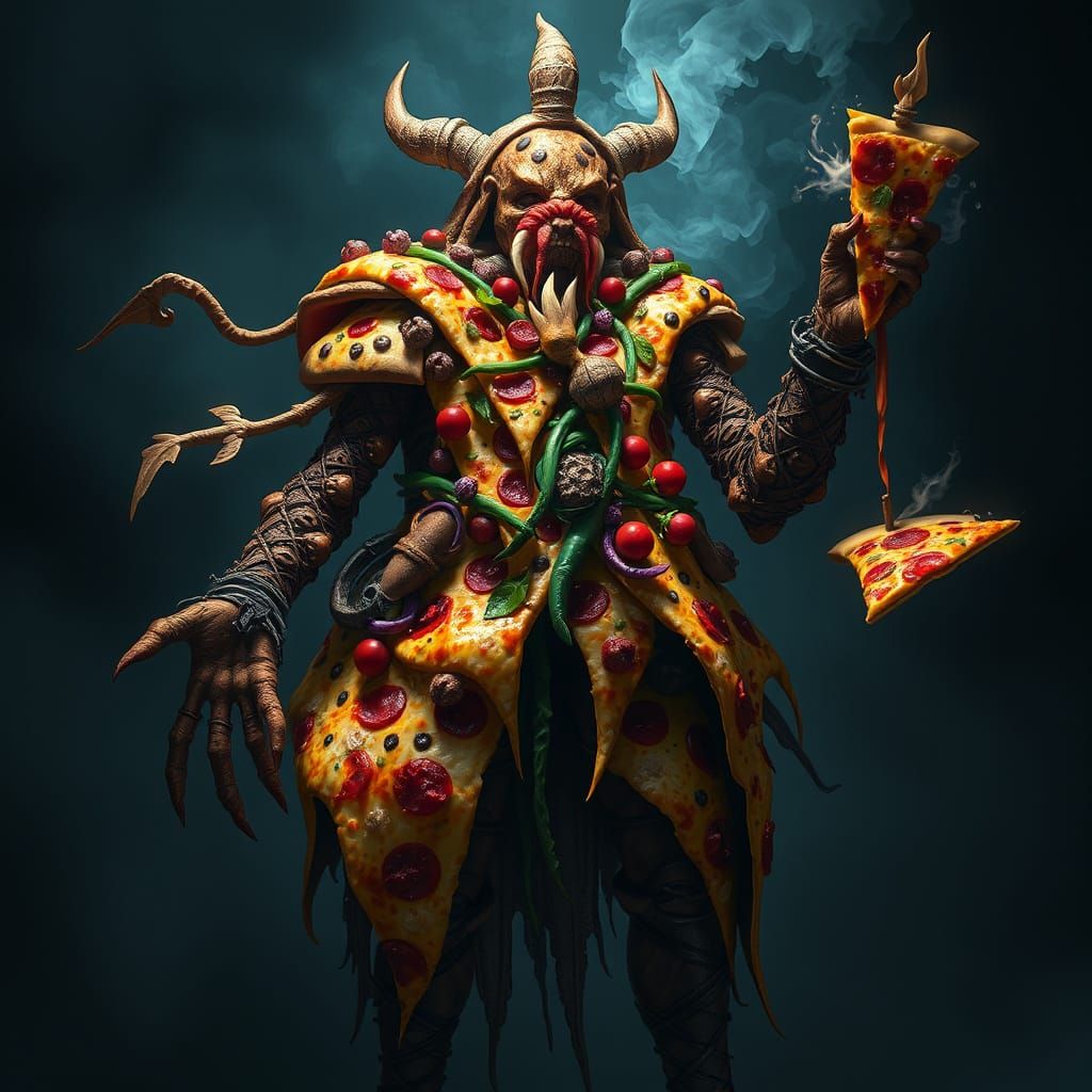 Pizza Topping Character in Hyperrealistic Dark Fantasy Style