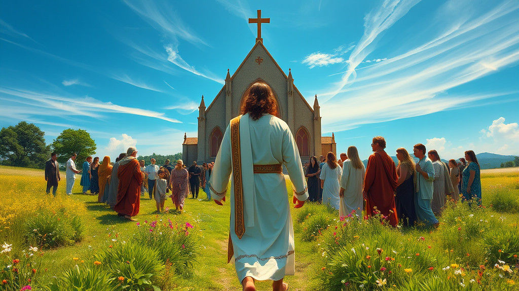 Jesus Guiding People to Church: Photorealistic Scene