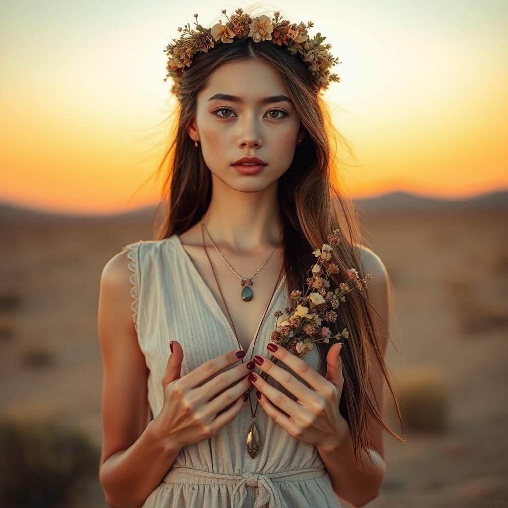 Japanese Woman in Desert at Sunset, Earthy Beauty