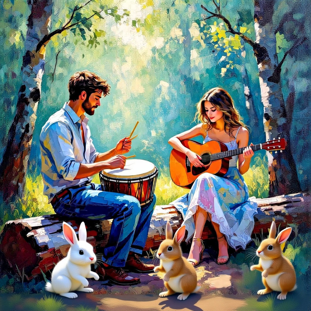 Couple Makes Music in Sunlit Forest