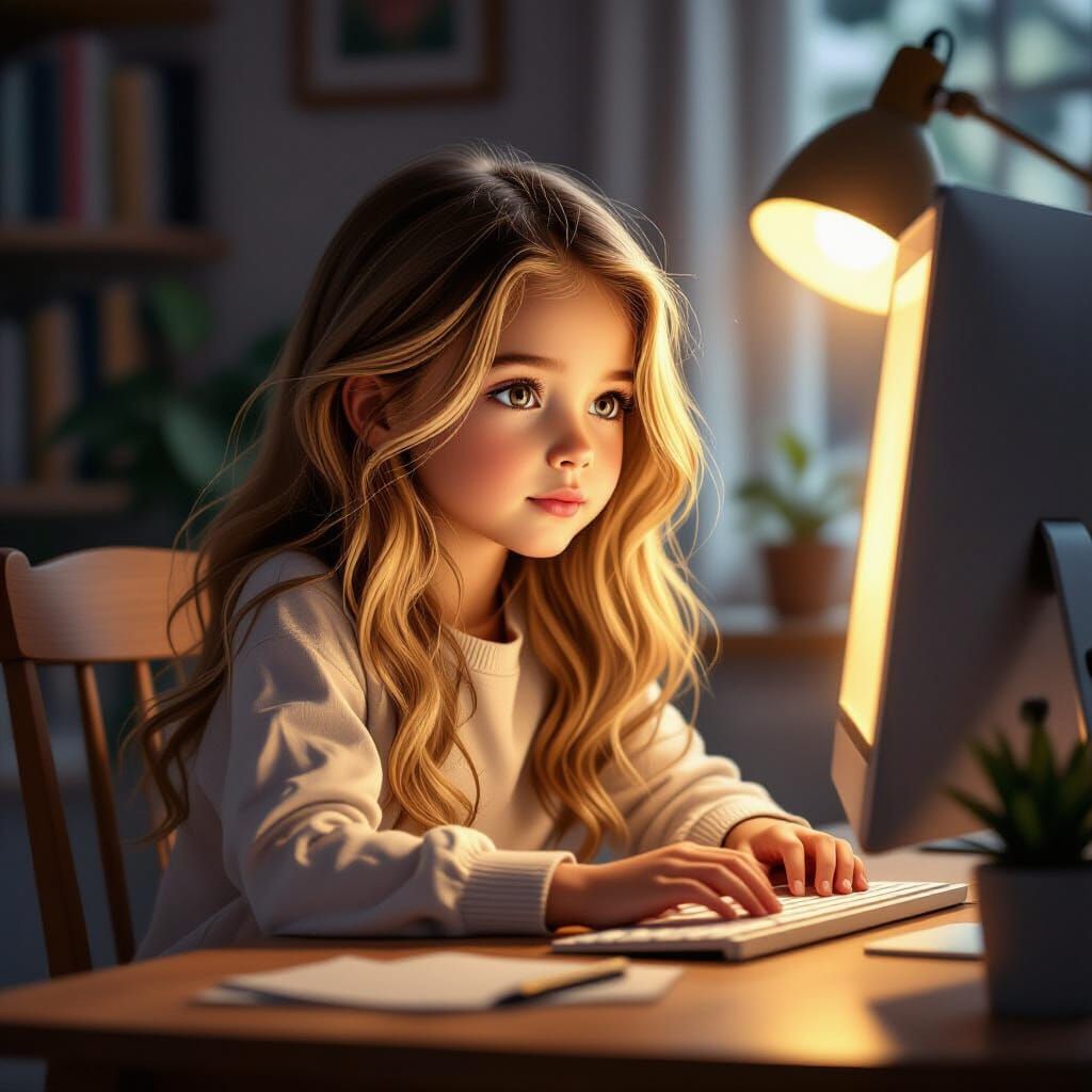 Young Woman Working on Computer in Warm Digital Painting Sty...