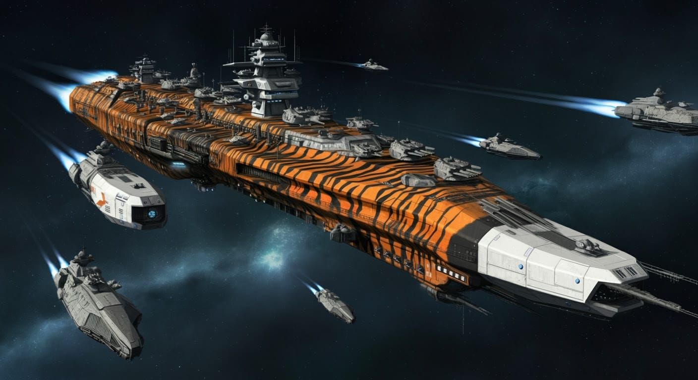 Tiger-Striped Interstellar Dreadnought in Futuristic Style