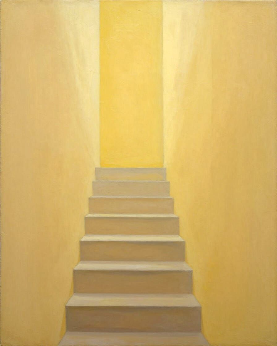 Minimalist Oil Painting of Staircase Ascending to Light