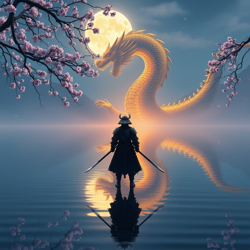 Samurai and Dragon Reflection in Matte Painting Style