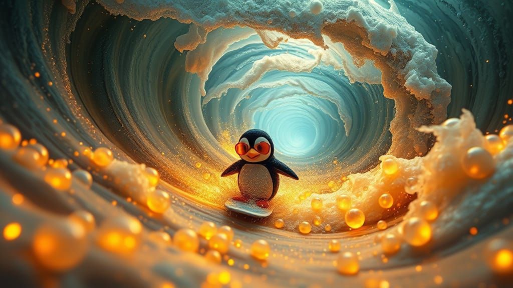 Bioluminescent Penguin Surfing Gem Waves in Hyper-Surreal St...