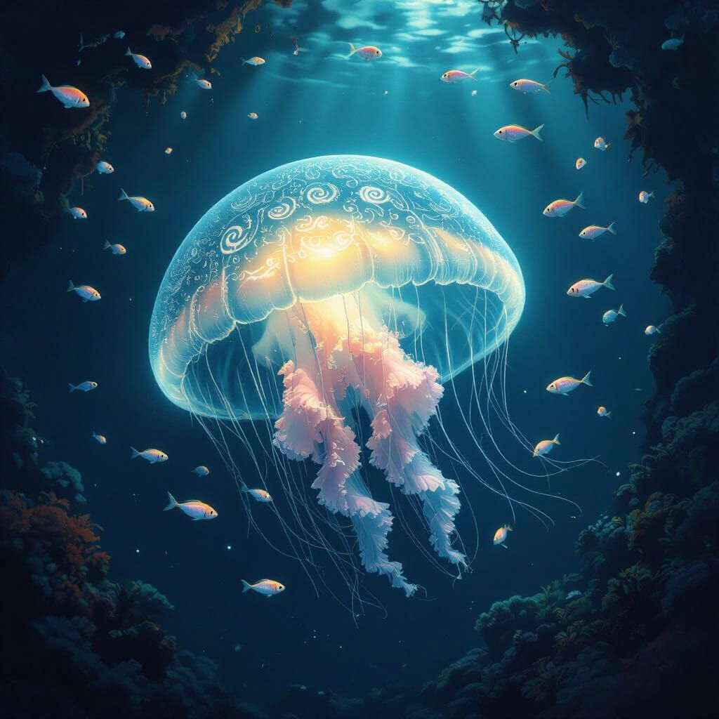 Bioluminescent Jellyfish in Deep-Sea Trench: Dreamlike Digit...