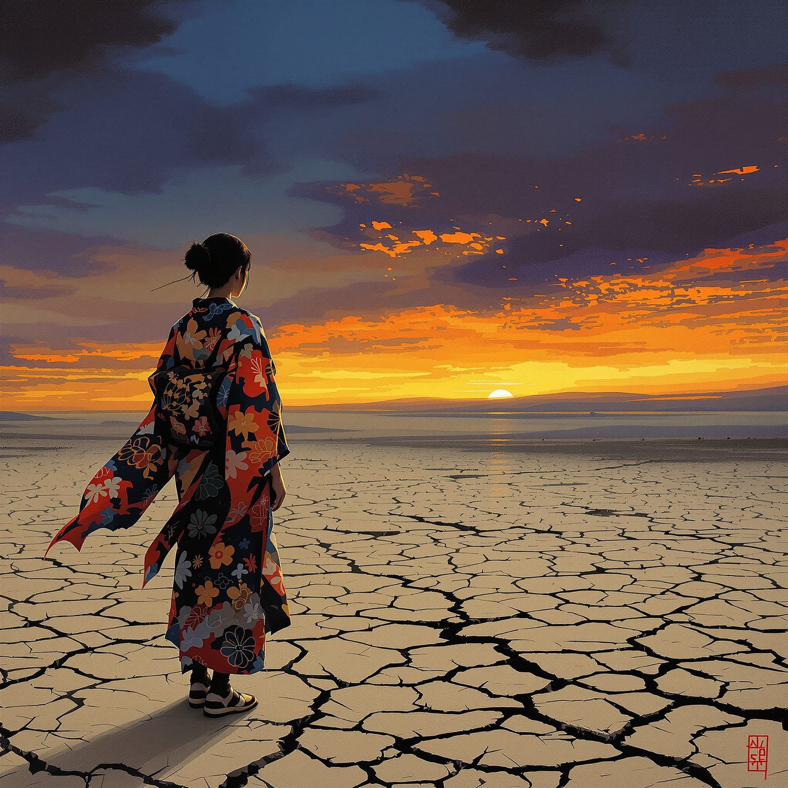 Solitary Woman in Tattered Kimono on Windswept Plain