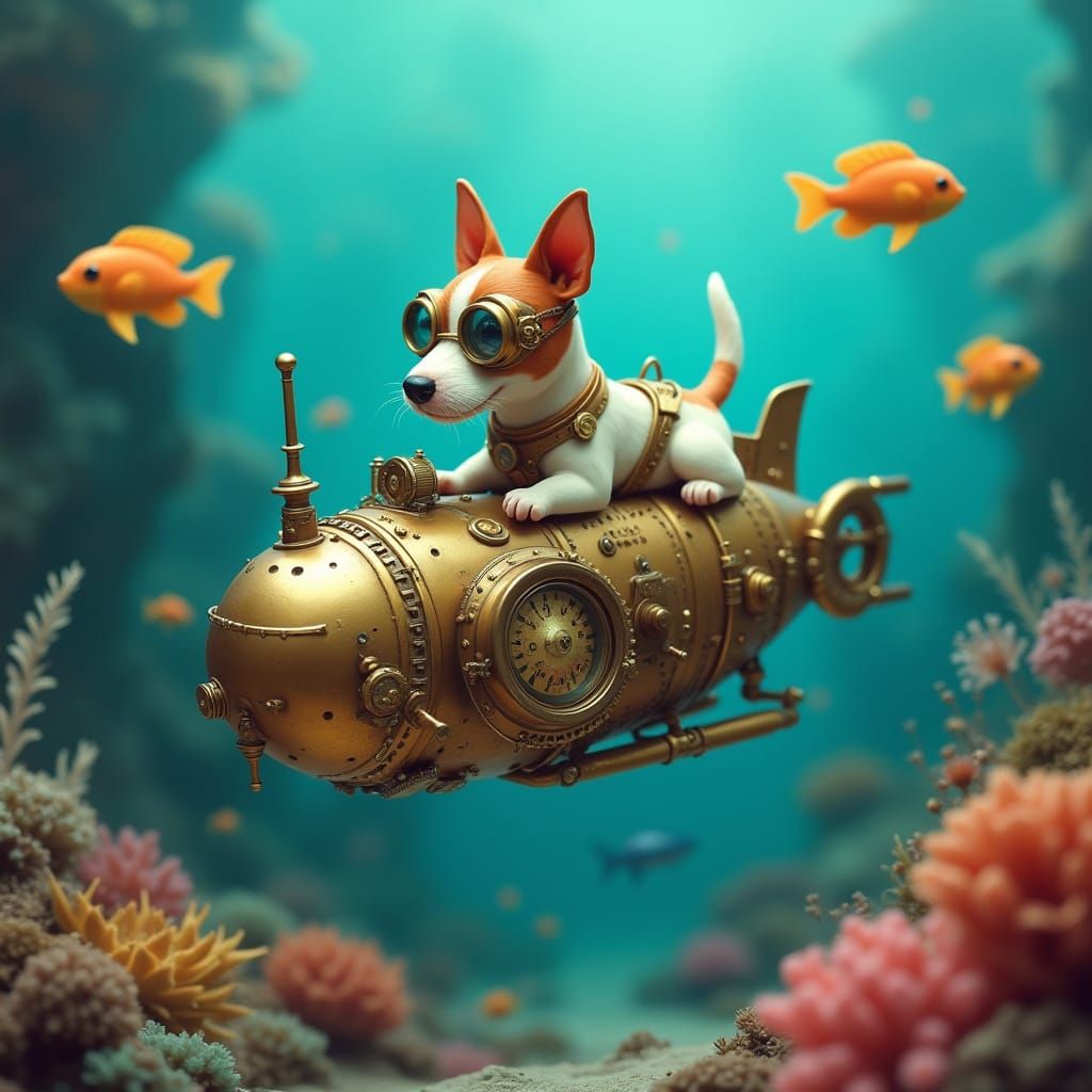 Steampunk Terrier Submarine in a Vibrant Ocean