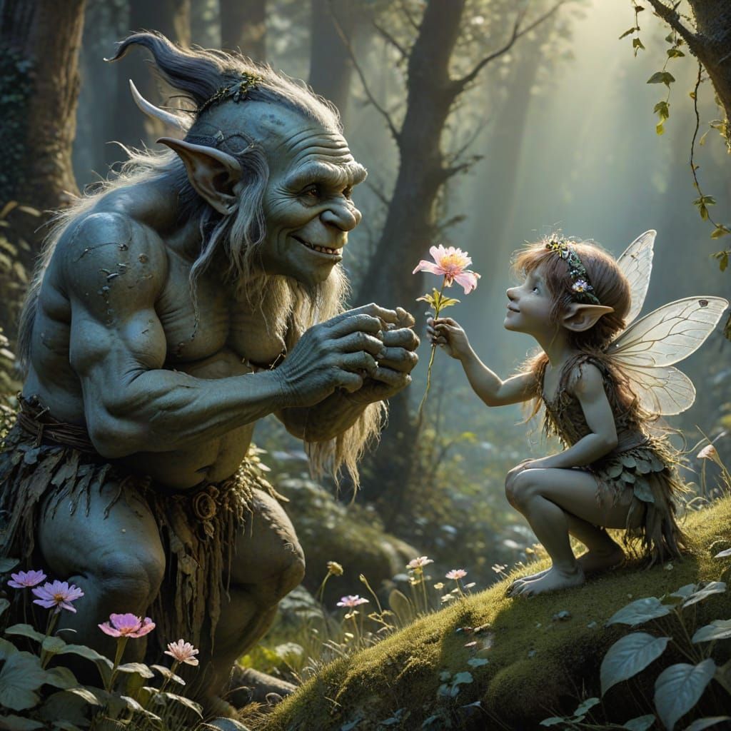 Troll Offering Flower to Fairy, Colored Ink Painting