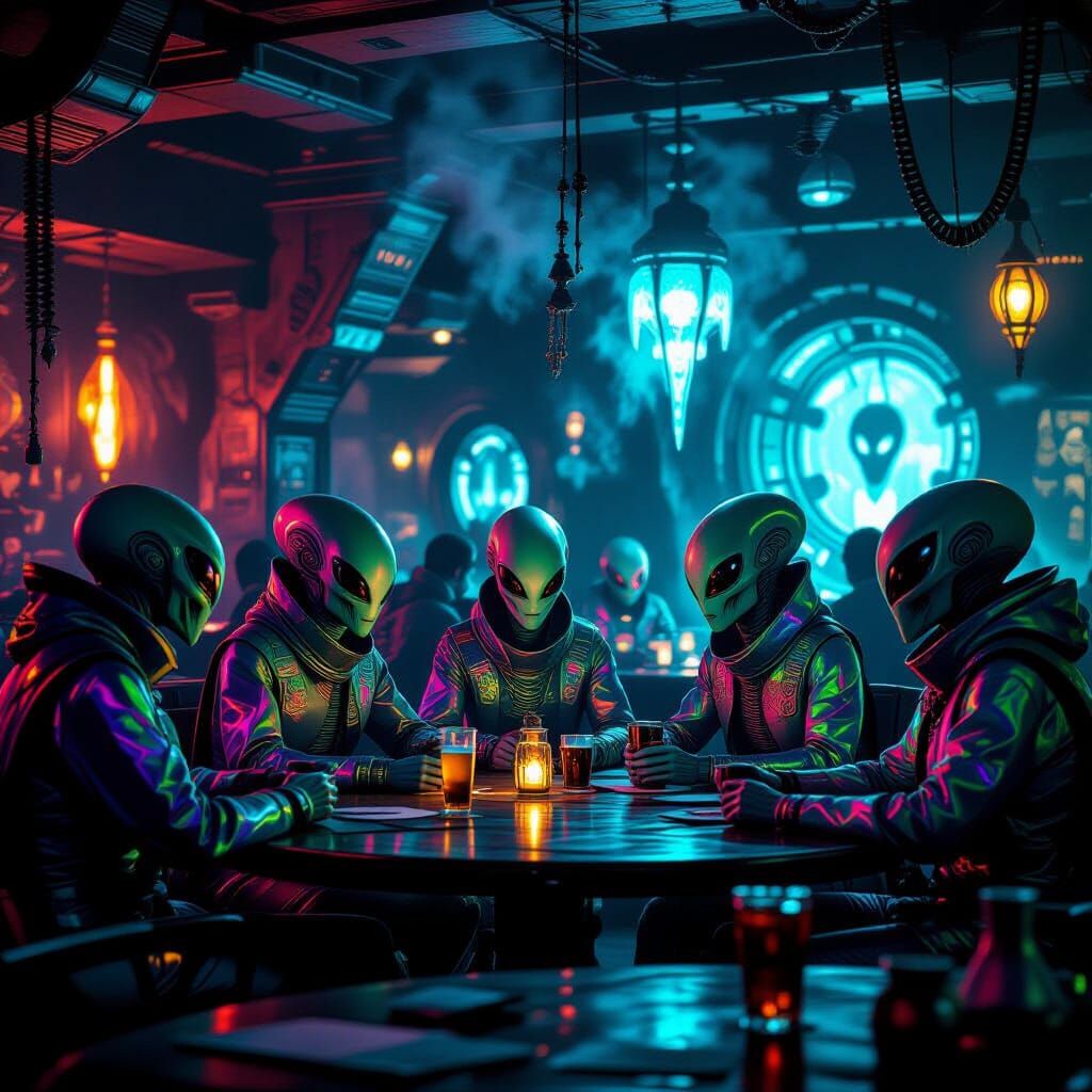 Alien Tavern Scene with Iridescent Patrons